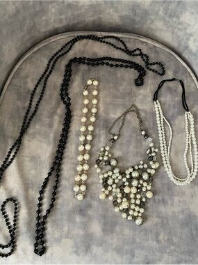 5-Piece Faux Pearl & Black Beaded Necklace Bundle Flapper Costume Jewelry